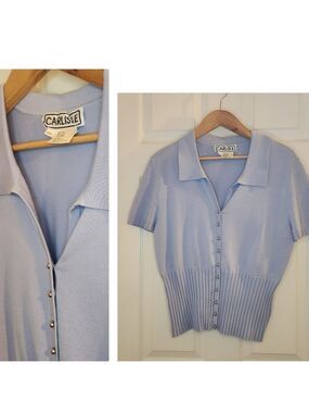 Carlisle Silk Short Sleeve Cardigan Sz: XXL Sky Blue Ribbed Bottom Button Up